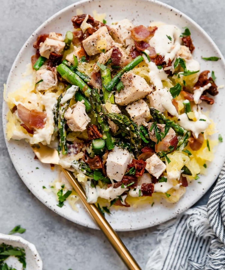 Creamy Chicken breast recipes with Spaghetti Squash Bacon and Asparagus