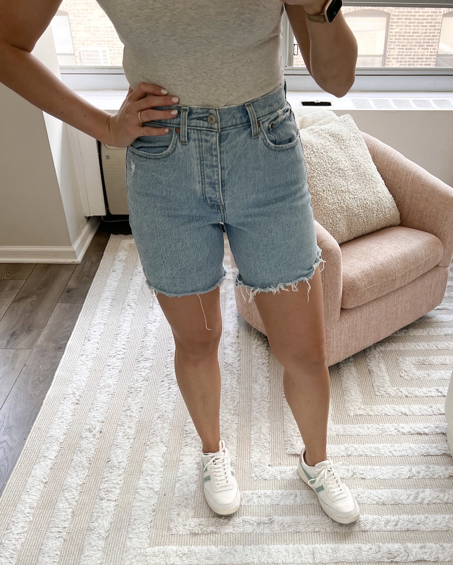 Abercrombie high rise mid length denim shorts online