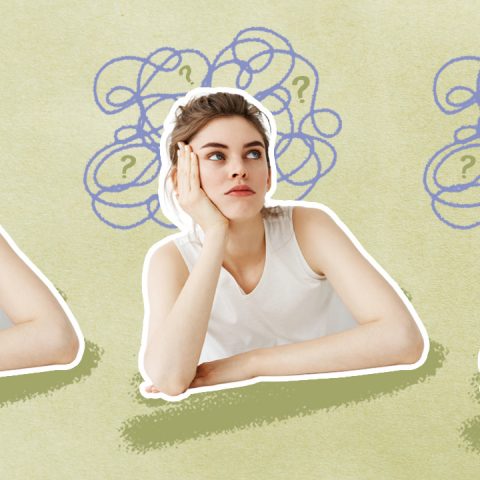 bored woman with scribbled bubble