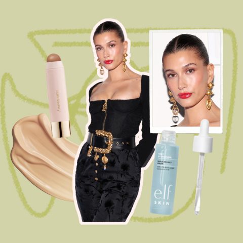 hailey beiber, elf hydrating drops, highlighter stick and foundation swatch on green background