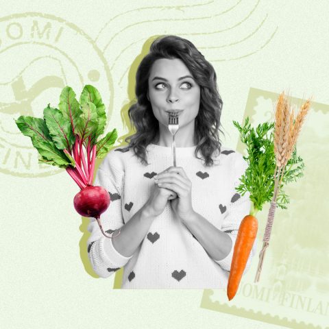 woman eating nordic foods on Finland stamp background