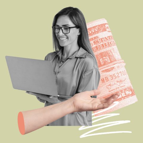 Woman on computer, arm with hand held out, money in background
