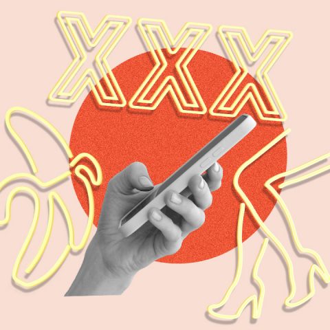woman's hand texting on phone, explicit sex neon signs as background