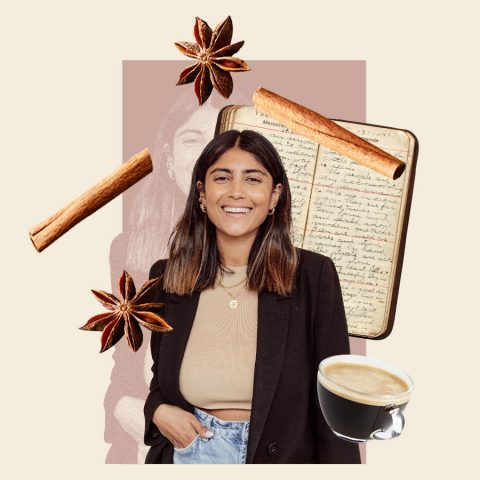 Siff Haider, cinnamon sticks, an americano, and written journal on tan background