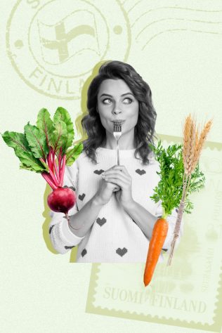 woman eating nordic foods on Finland stamp background