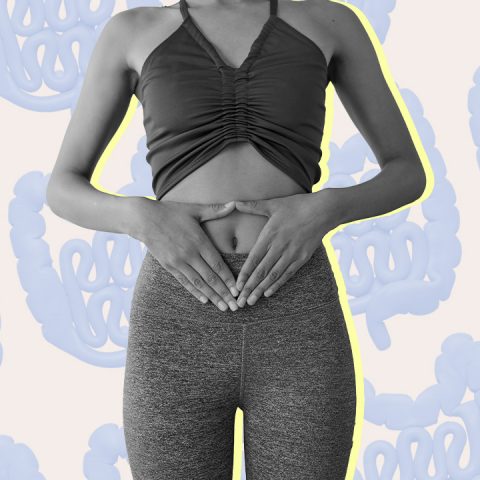 woman holding stomach, gut anatomy graphic background
