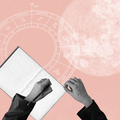 woman writing in journal, horoscope and moon background