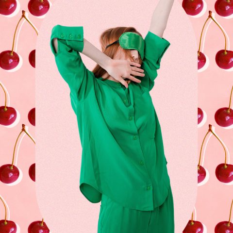 yawning woman with cherries