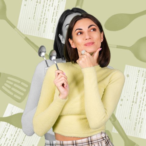 woman with spoon in hand, kitchen utensils in background