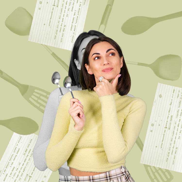 woman with spoon in hand, kitchen utensils in background