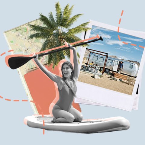 Woman using surfing board, photos of AutoCamp, passport and map background
