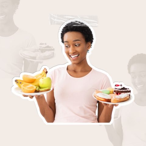 Woman deciding on healthy meal versus dessert