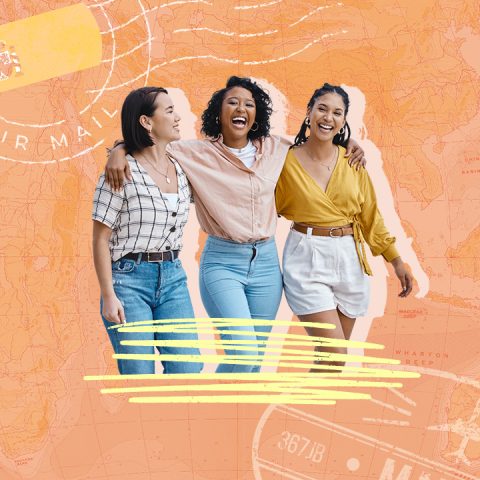 three women on map background with stamps