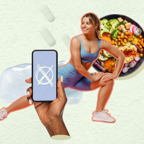 woman stretching, ice cubes, grain bowl, hand with phone