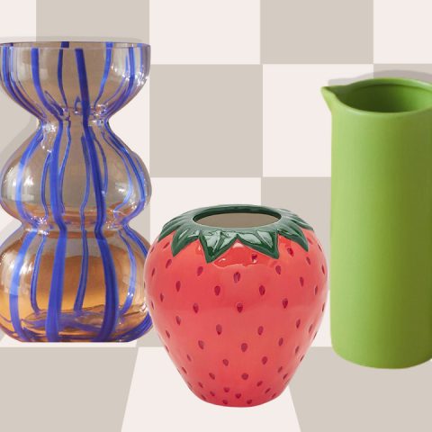 Variety of funky vases under forty dollars on a checkered background
