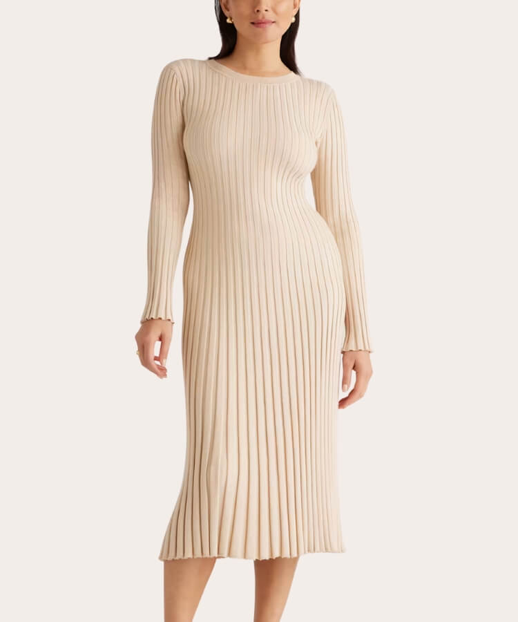 Long-Sleeve Ribbed Midi Dress