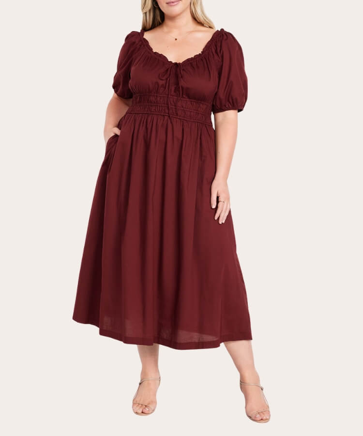 Puff-Sleeve Midi Dress