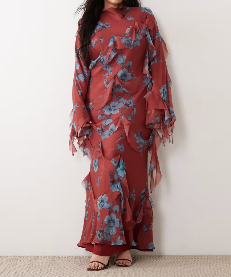 Ruffle Long-Sleeve Maxi Dress