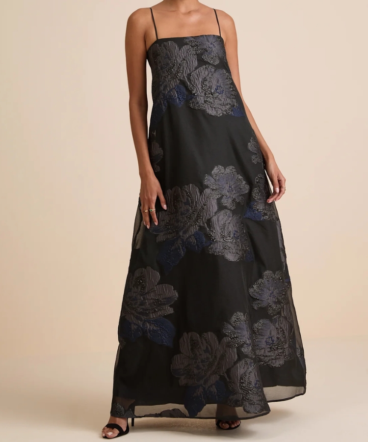 Yavanna Black Floral Jacquard Shift Maxi Dress