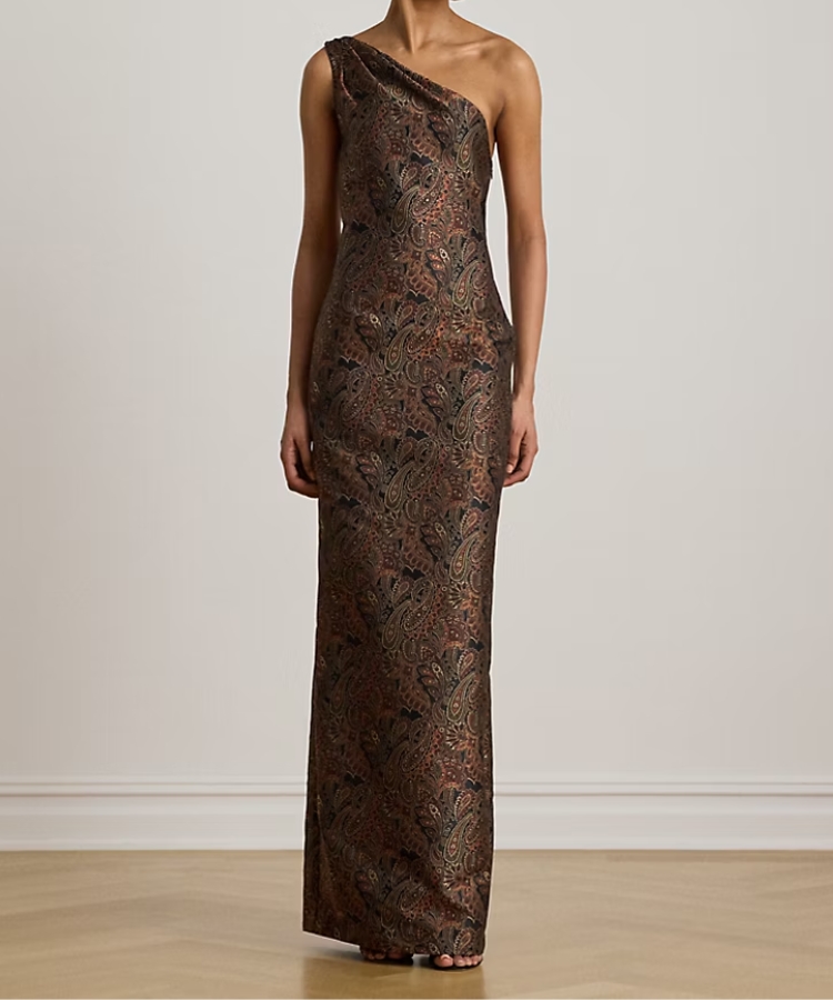 Paisley Jacquard One-Shoulder Gown