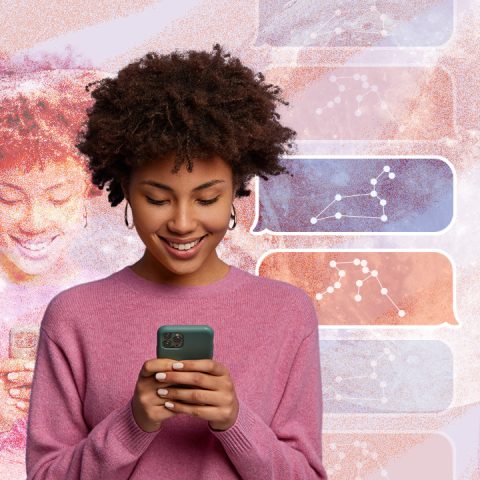 woman on phone with text bubbles and moon