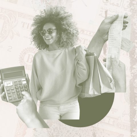 Woman enjoying shopping purchases, calculating finances