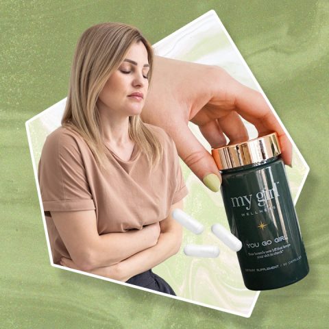 woman holding stomach, hand holding supplement