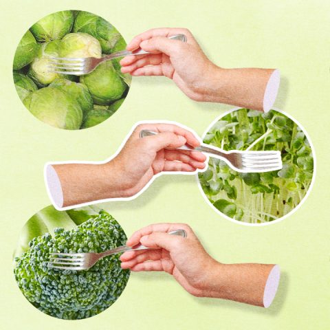 hands with forks and vegetables