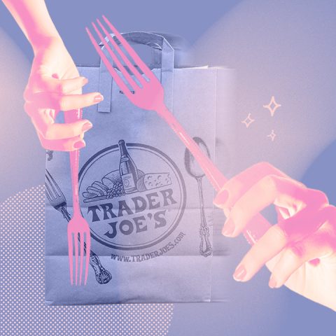 trader joes bag, hand with fork