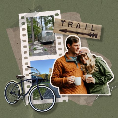 man and woman drinking coffee, bike, film strip and trail sign