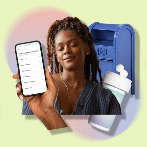 woman, mailbox, phone, pills