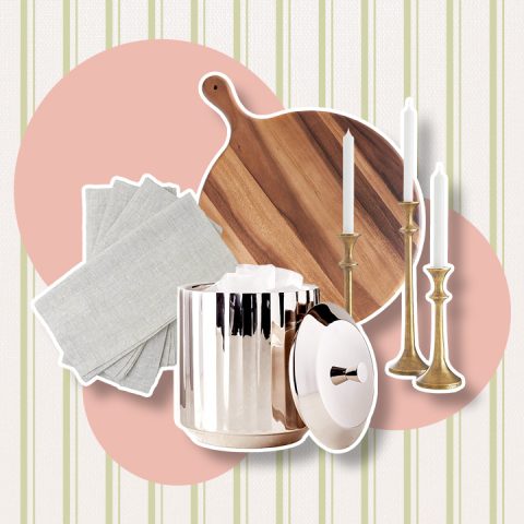 cutting board, linen napkins, ice bucket and candles