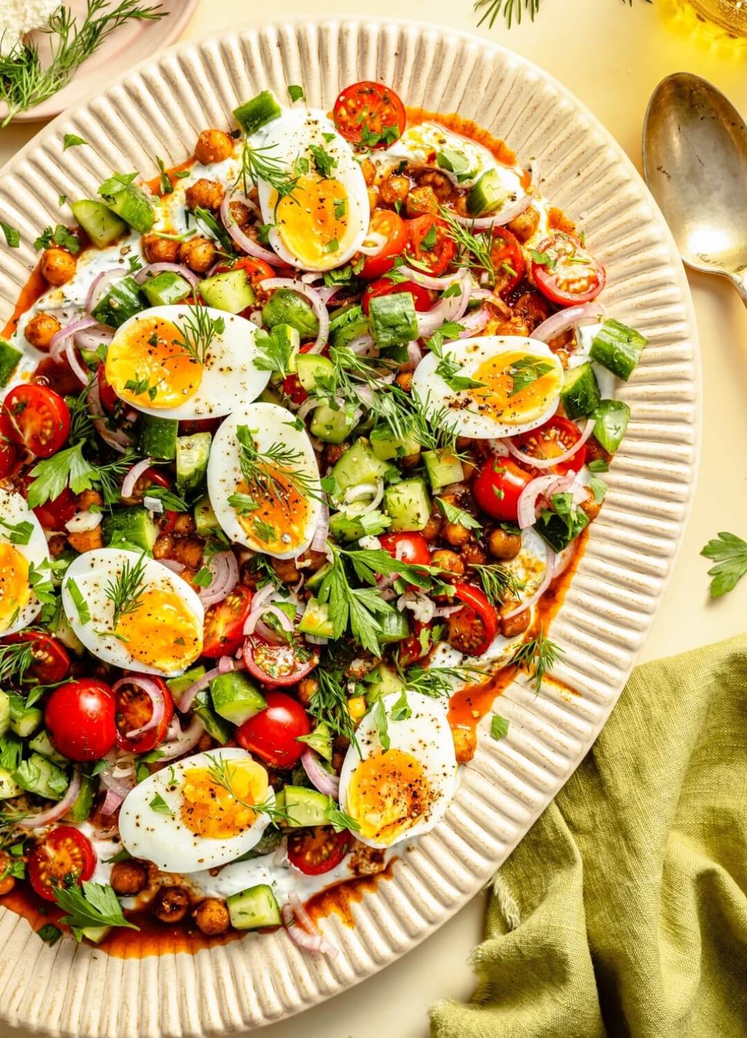 chickpeas and eggs cucumber salad brunch recipe