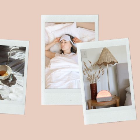 polaroid collage of hatch, tea cup, woman with eye mask