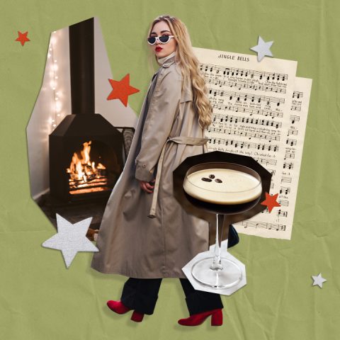 woman, fireplace, espresso martini, sheet music