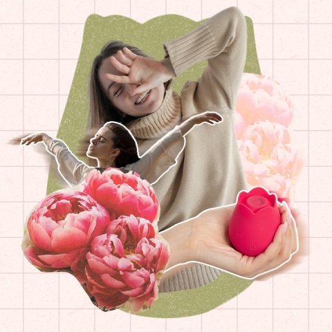 graphic with pink flowers and pink flower-shaped vibrator