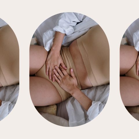 three images of woman holding her stomach from cramps