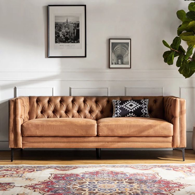 Faux Leather Button-Tufted Sofa