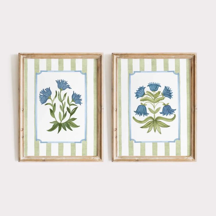 Set of 2 Blue Floral Stripe Prints