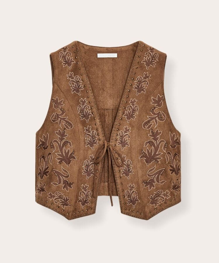 Embroidered Faux-Suede Vest