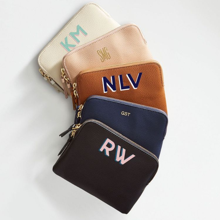 Monogrammed Italian Leather Zipper Pouch