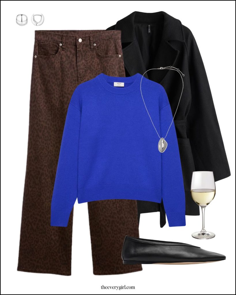 blue sweater and leopard jeans