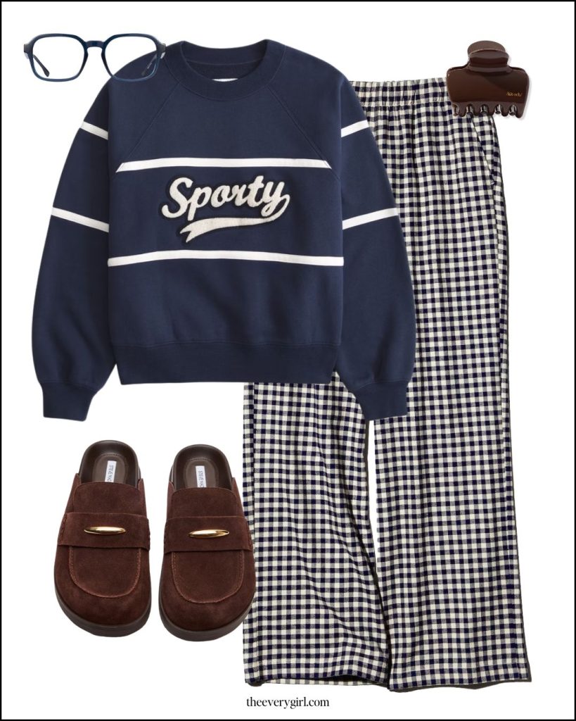 sporty sweatshirt and gingham pants