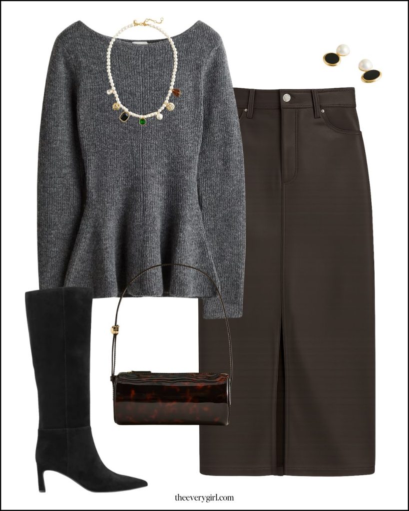 sweater and leather skirt