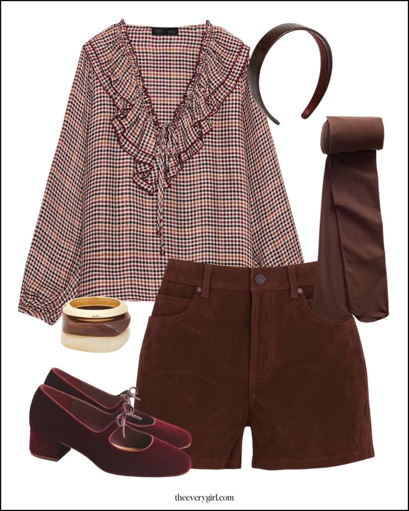 plaid top and suede shorts