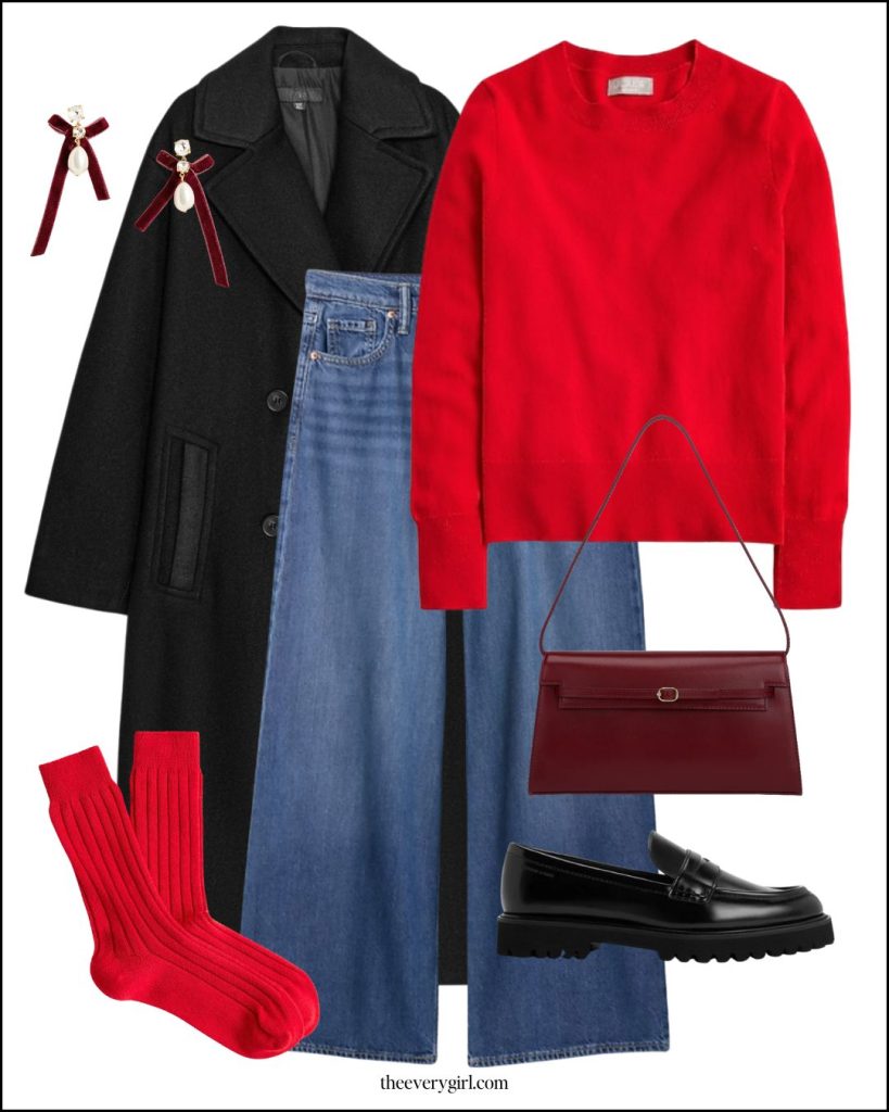 red sweater and loafers outfit