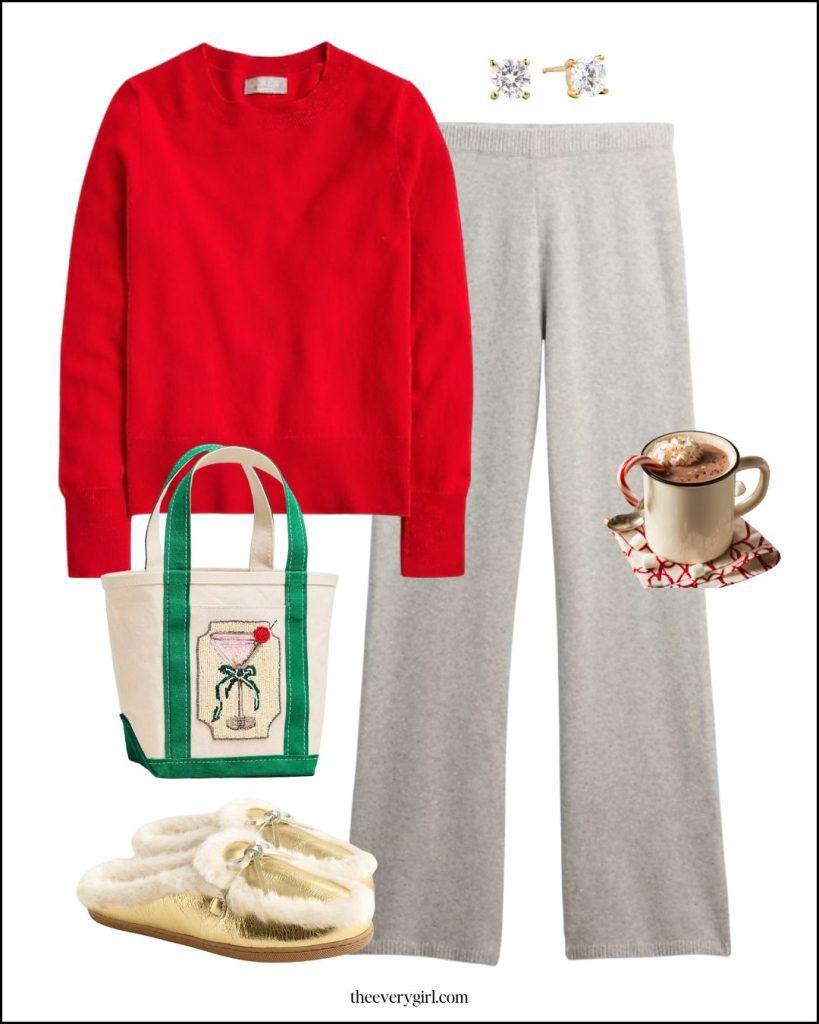 red sweater and knit pants outfit