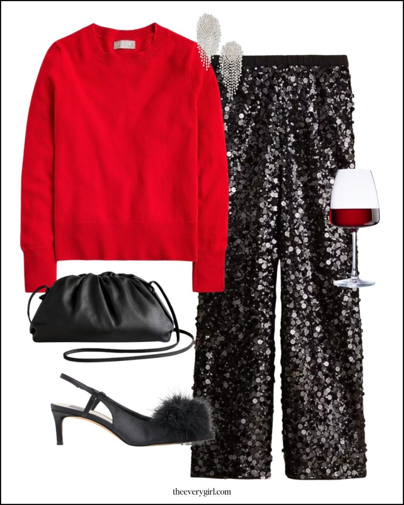 red sweater and sequin pants