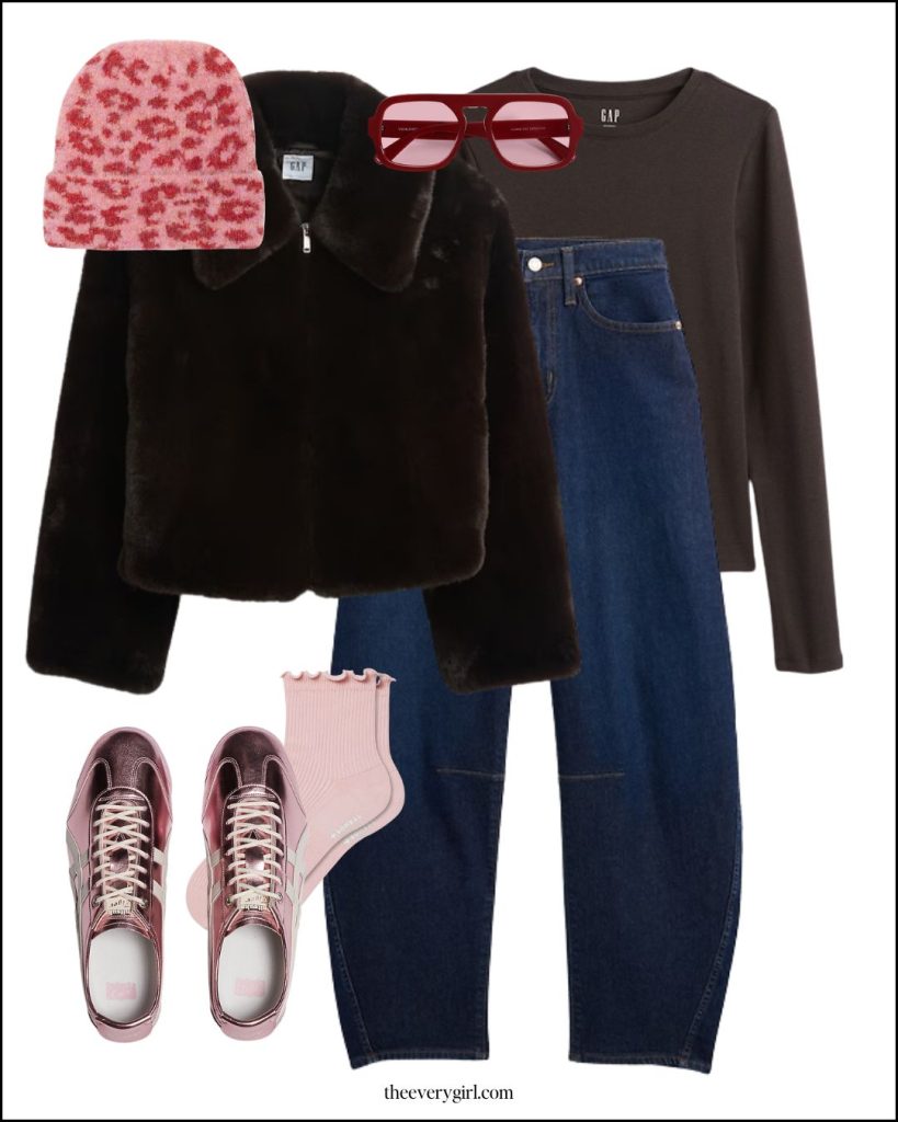 fur coat jeans and beanie winter outfit