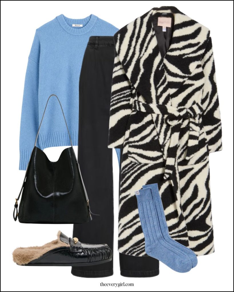 zebra coat and blue sweater winter outfit
